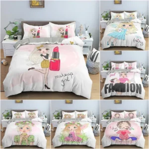 Makeup Gril Bedding Set Fastion Cartoon Duvet Cover Bedroom Comforter Covers Twin King ​Size Quilt Cover Home Textile 2/3PCS